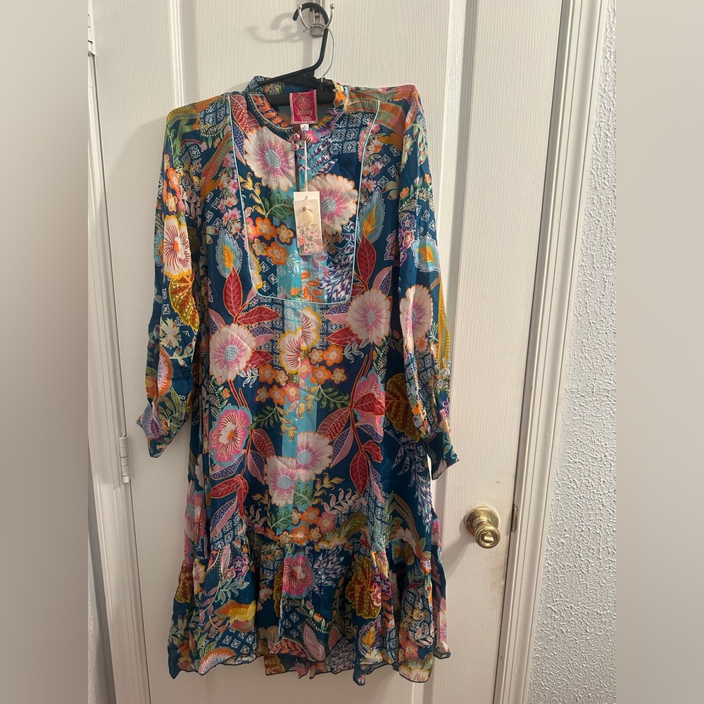 JOHNNY WAS WILD IMANA DRESS (SLIP), Multicolor Floral Long Sleeve. Two Pieces - Picture 4 of 15